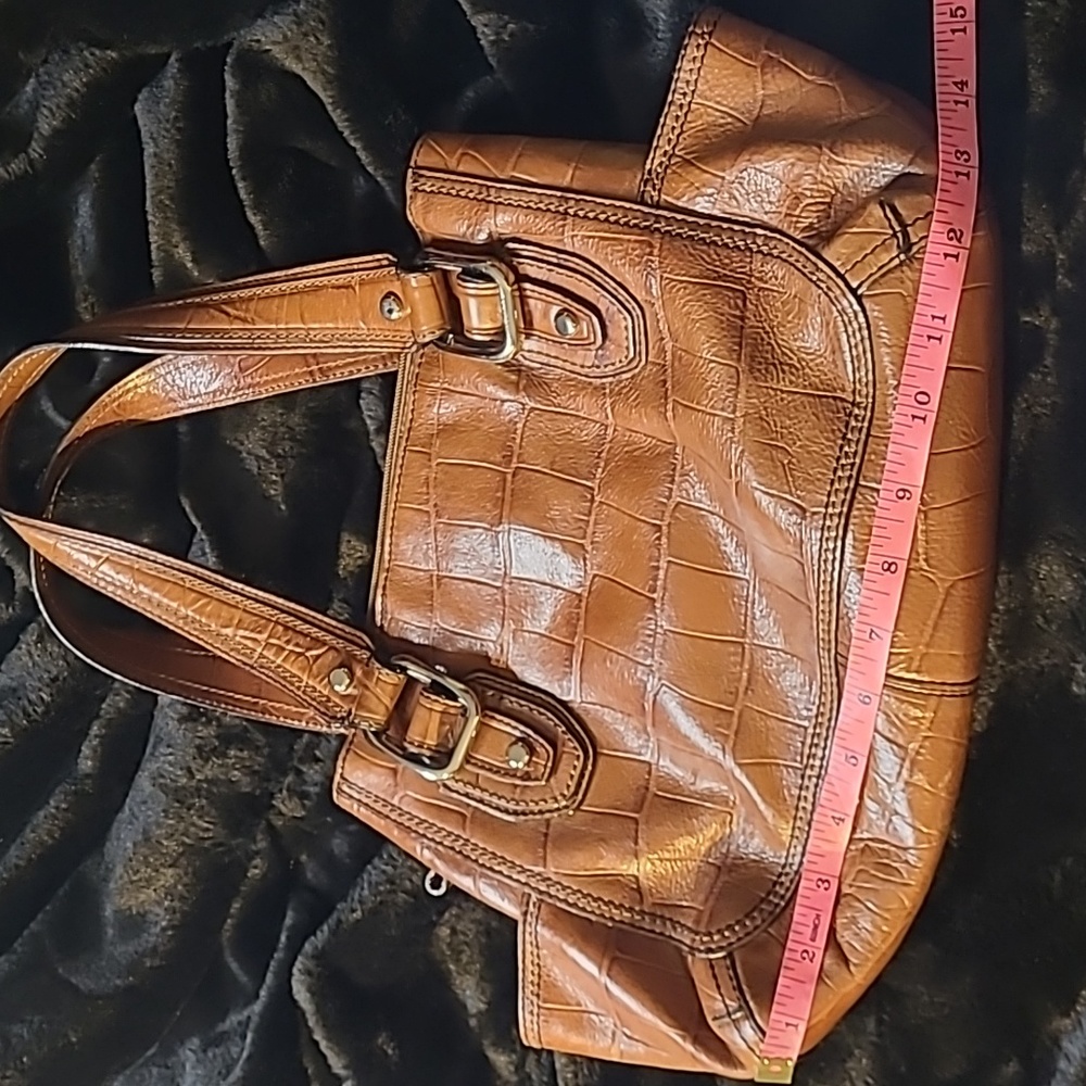 FOSSIL Croc Embossed Leather Shoulder Bag Purse 12" x 8" - Brown - Picture 3 of 16